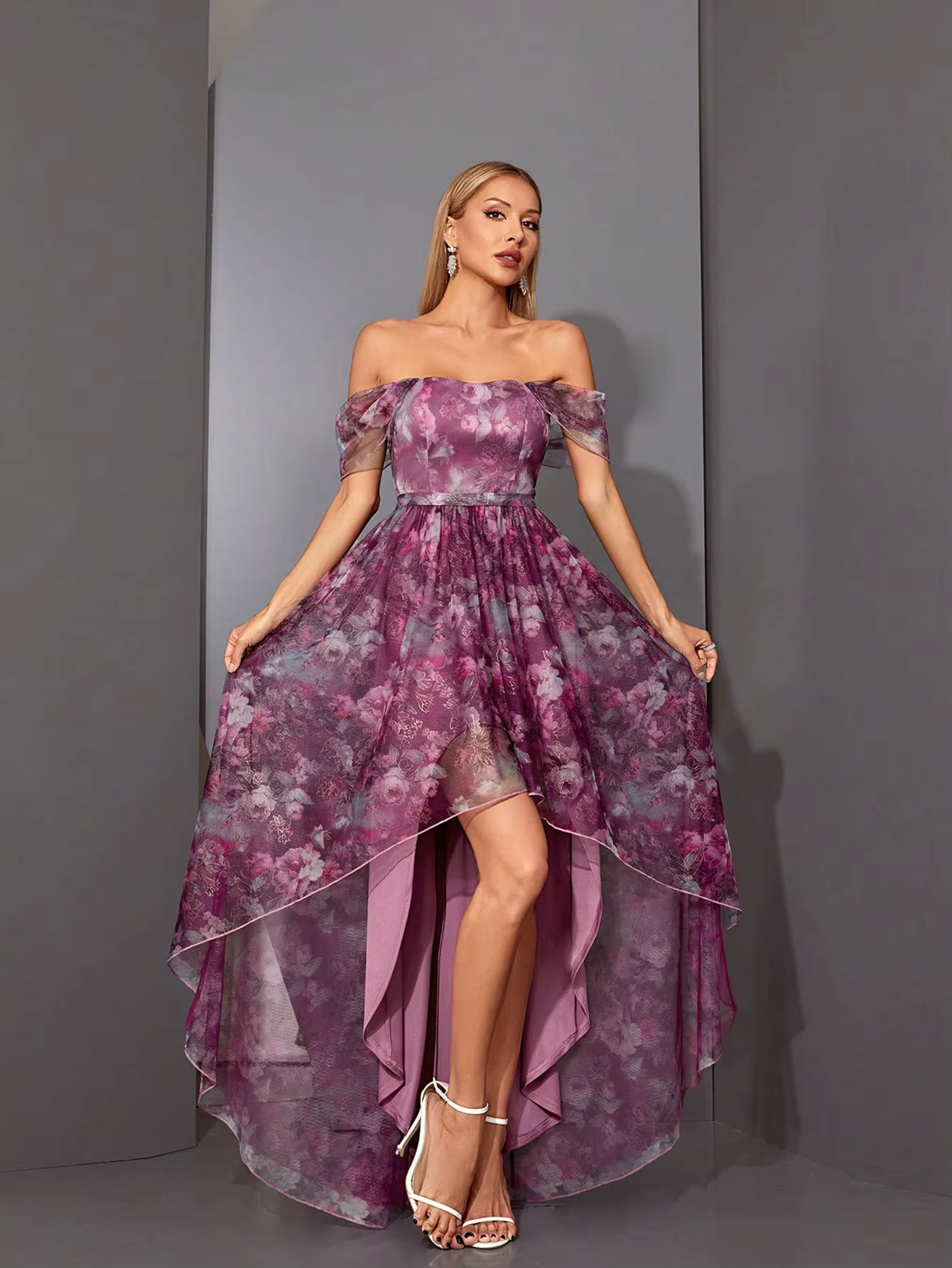 Casual One Collar Printed Pleated Front Short Back Long Mesh Long Skirt With Large Swing Maxi Dress