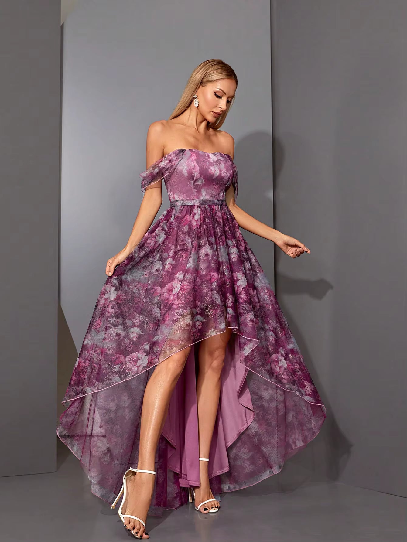 Casual One Collar Printed Pleated Front Short Back Long Mesh Long Skirt With Large Swing Maxi Dress
