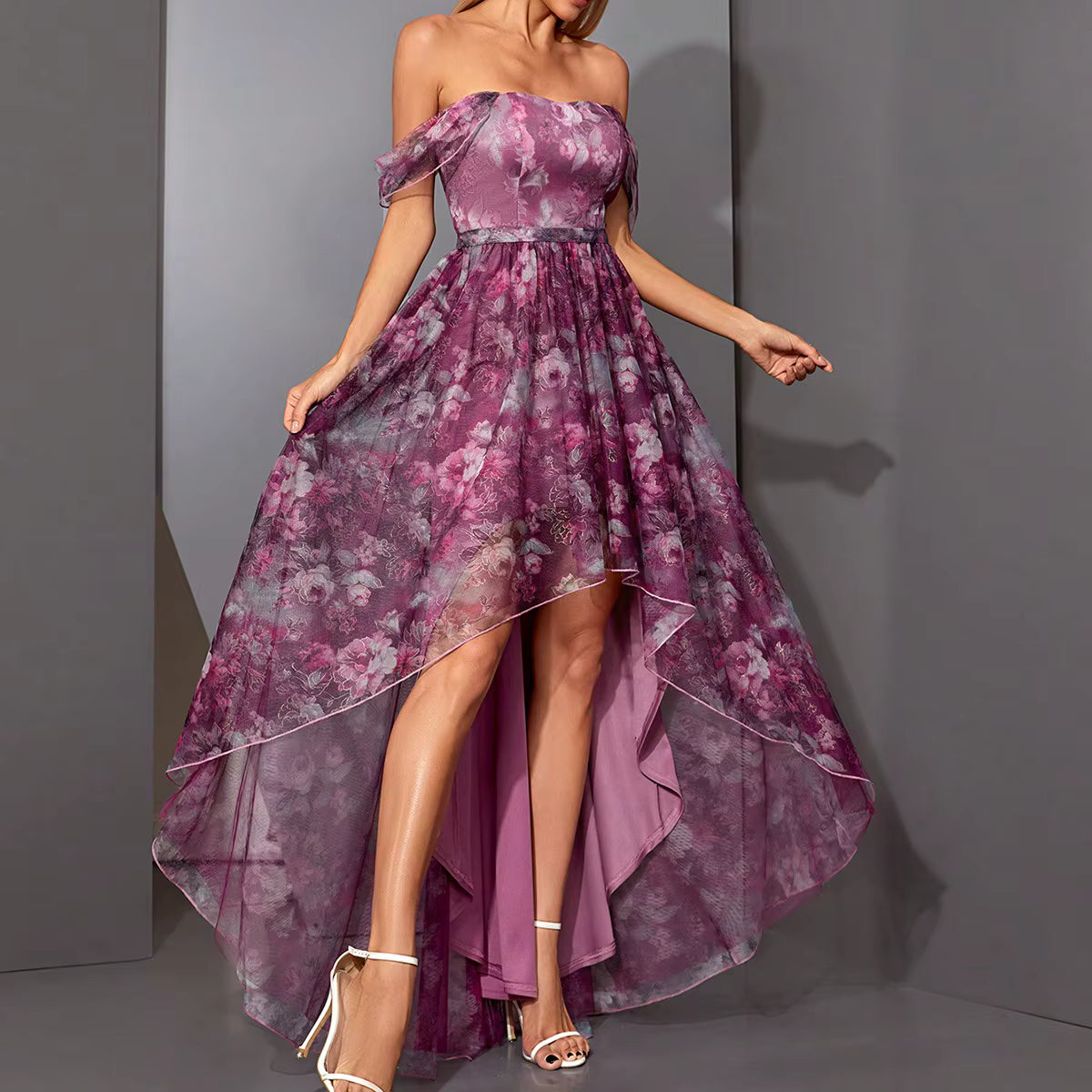 Casual One Collar Printed Pleated Front Short Back Long Mesh Long Skirt With Large Swing Maxi Dress