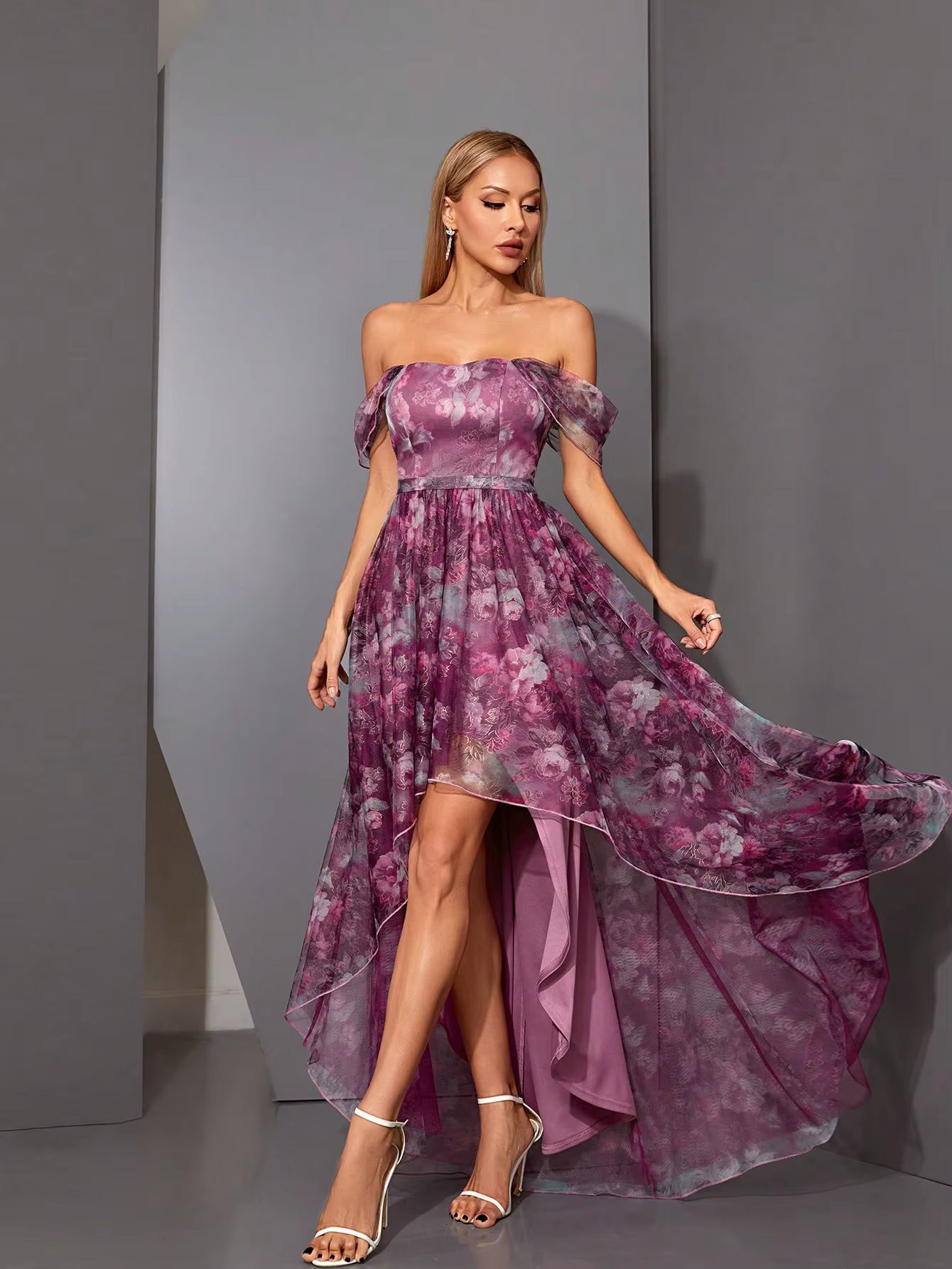 Casual One Collar Printed Pleated Front Short Back Long Mesh Long Skirt With Large Swing Maxi Dress
