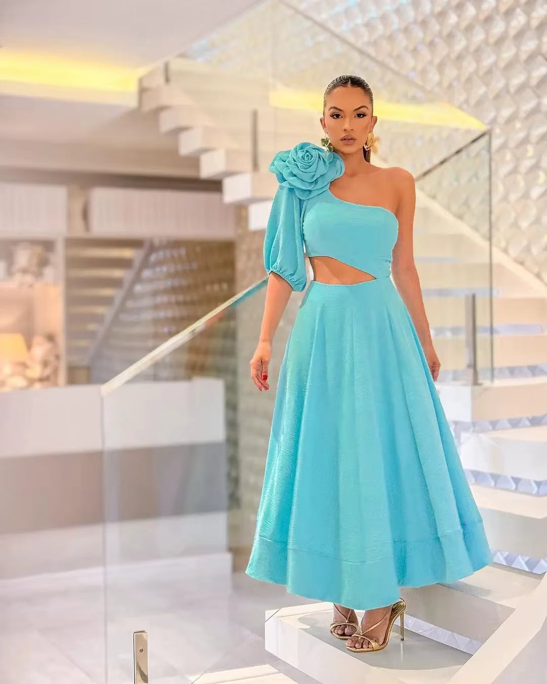 Casual One-Shoulder Appliques With Flower Sloping Shoulder Single Sleeve Waist Large Strapless Dropped Maxi Dress