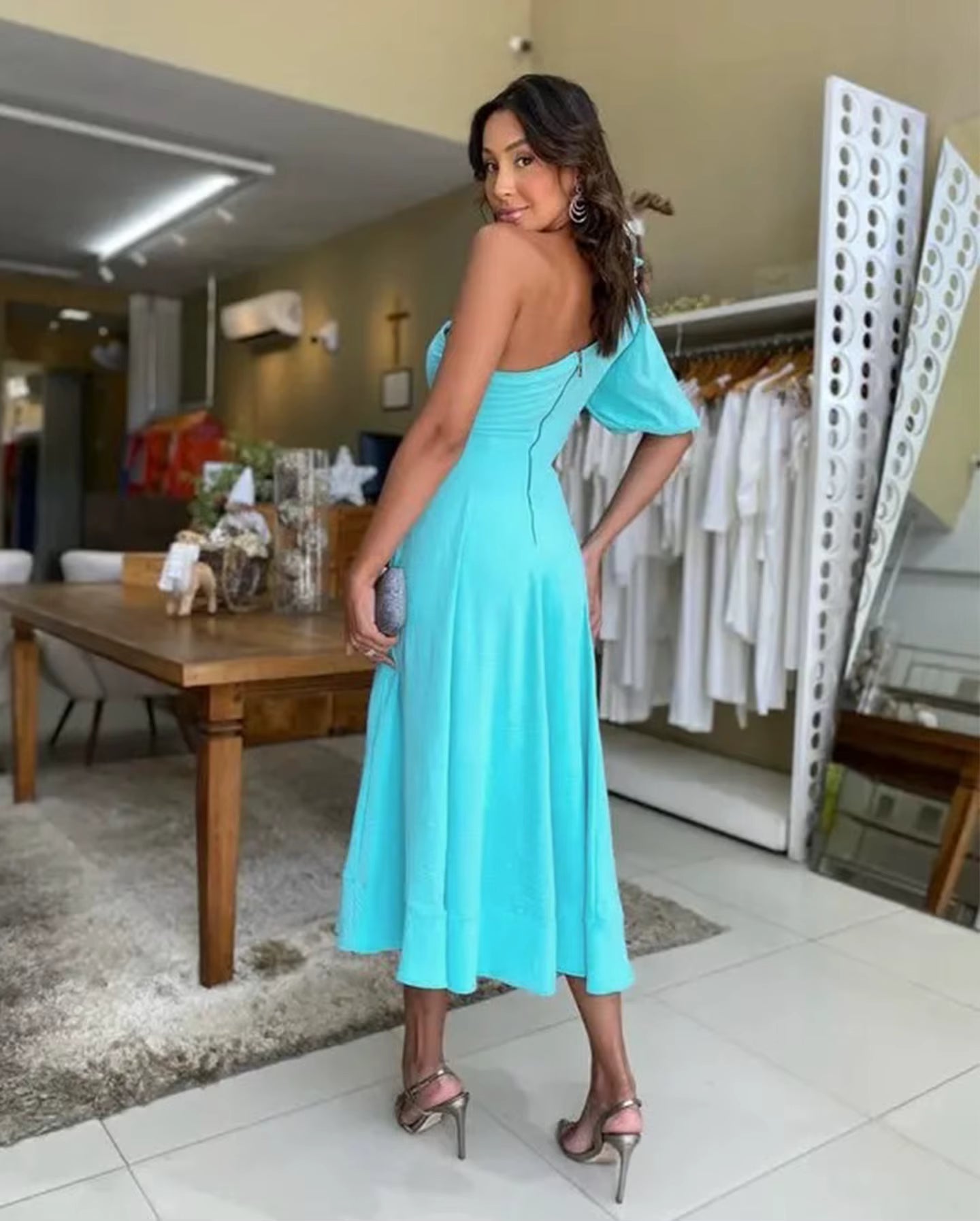 Casual One-Shoulder Appliques With Flower Sloping Shoulder Single Sleeve Waist Large Strapless Dropped Maxi Dress