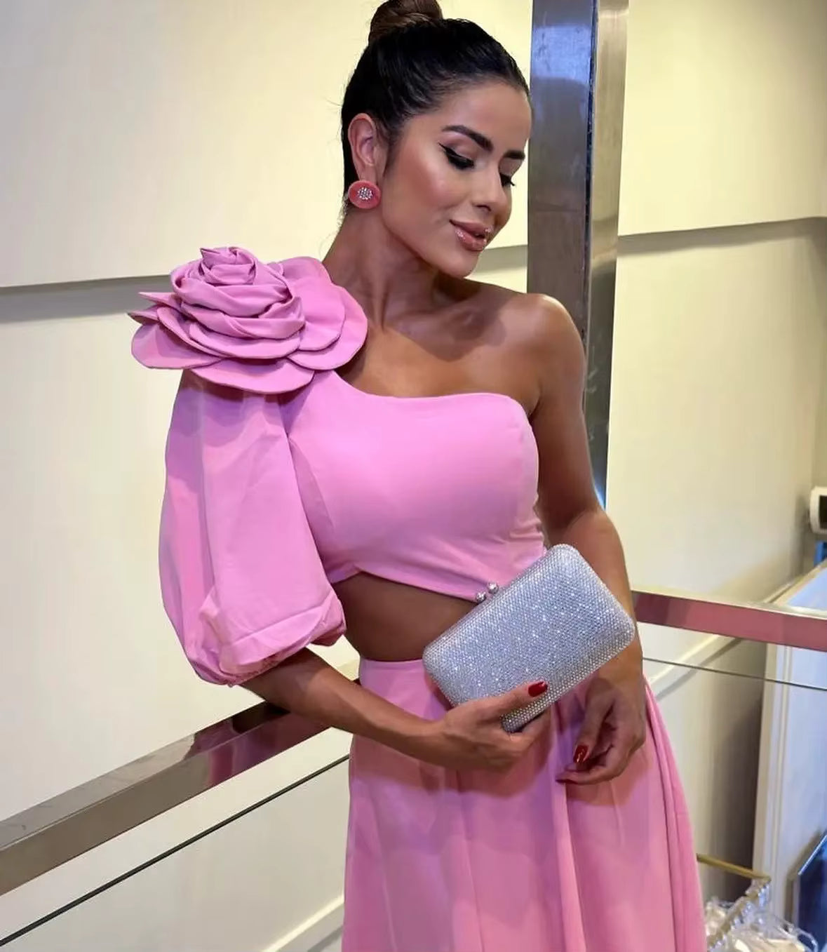 Casual One-Shoulder Appliques With Flower Sloping Shoulder Single Sleeve Waist Large Strapless Dropped Maxi Dress