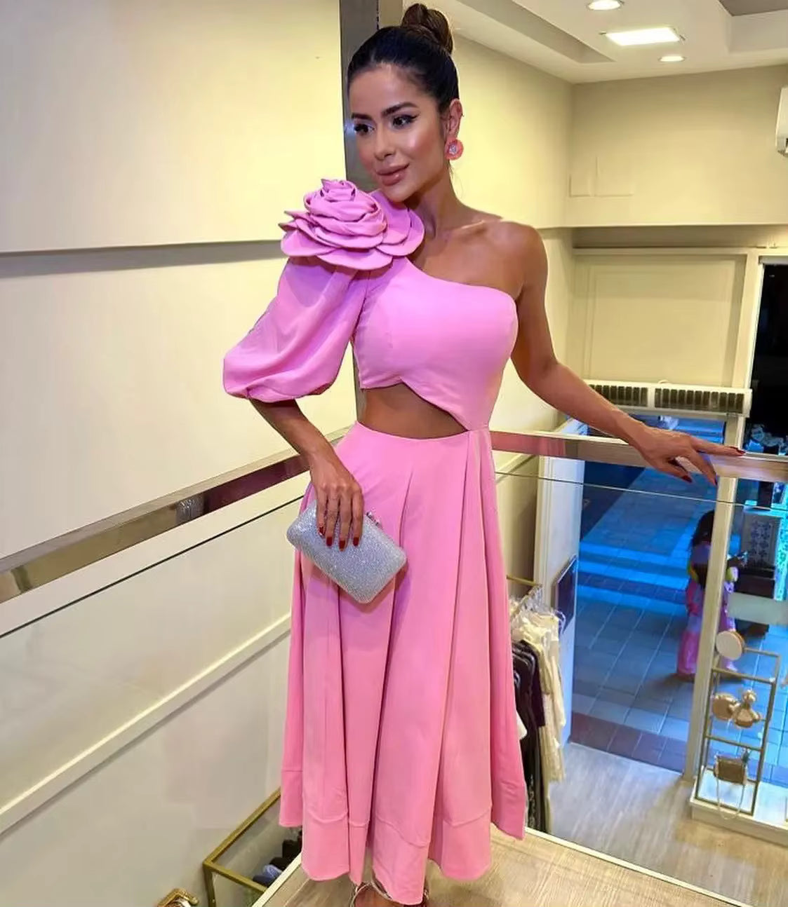 Casual One-Shoulder Appliques With Flower Sloping Shoulder Single Sleeve Waist Large Strapless Dropped Maxi Dress