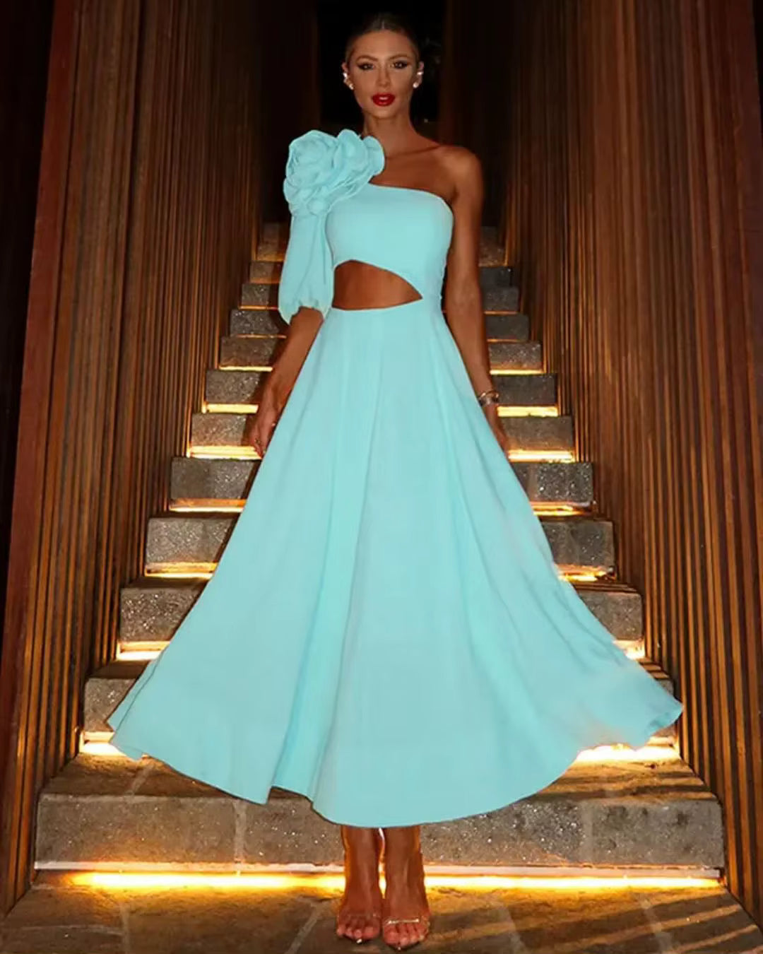 Casual One-Shoulder Appliques With Flower Sloping Shoulder Single Sleeve Waist Large Strapless Dropped Maxi Dress