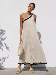 Casual One Shoulder Color Block Scalloped Hem Shift Dress