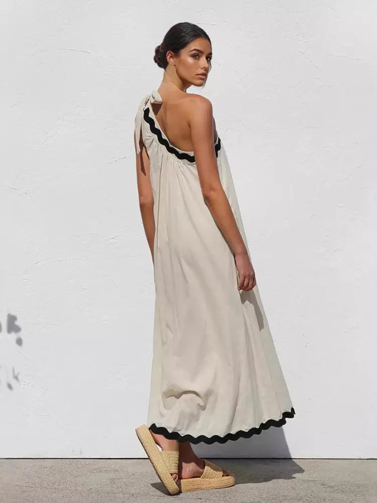 Casual One Shoulder Color Block Scalloped Hem Shift Dress