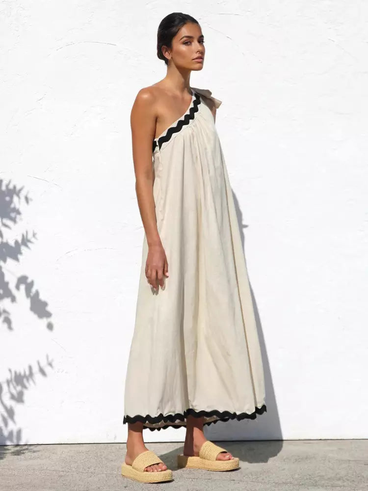 Casual One Shoulder Color Block Scalloped Hem Shift Dress