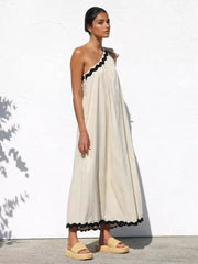 Casual One Shoulder Color Block Scalloped Hem Shift Dress