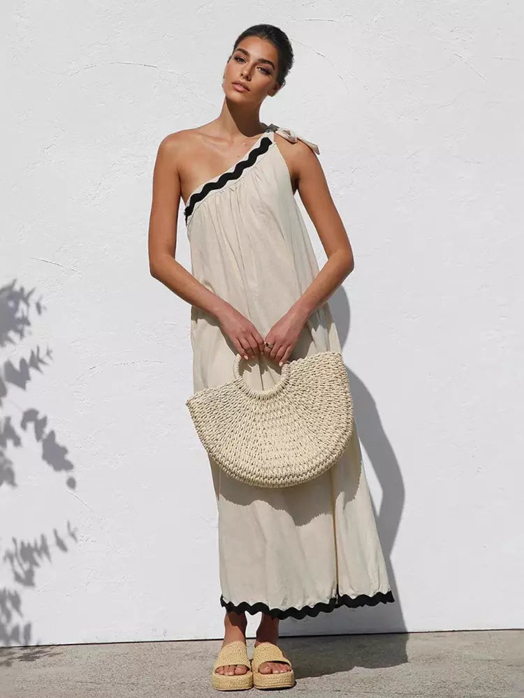 Casual One Shoulder Color Block Scalloped Hem Shift Dress