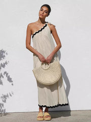 Casual One Shoulder Color Block Scalloped Hem Shift Dress