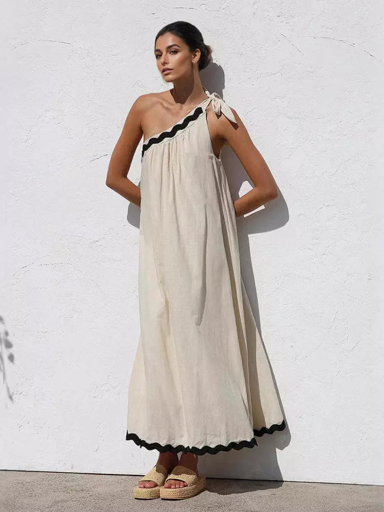 Casual One Shoulder Color Block Scalloped Hem Shift Dress