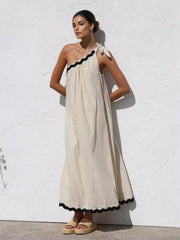 Casual One Shoulder Color Block Scalloped Hem Shift Dress