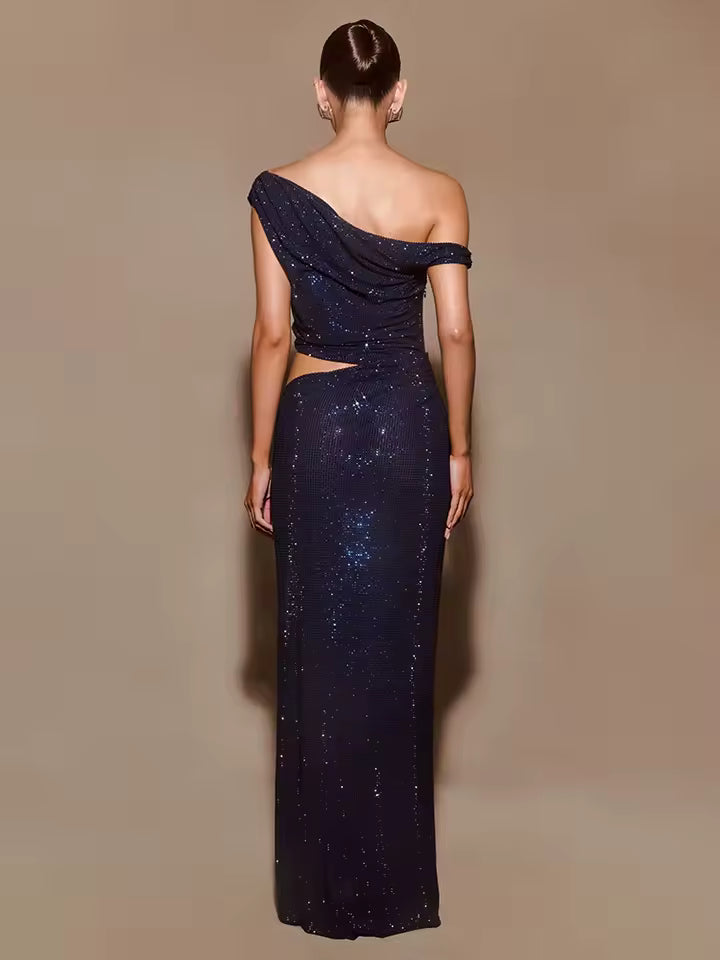 Casual One-Shoulder Crystal Sleeveless Sequin Detail Evening Party Long Maxi Dress