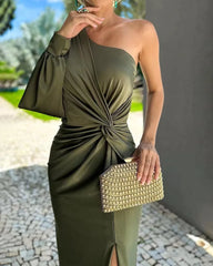 Casual One Shoulder Satin Asymmetrical Ruched Midi Prom Dress