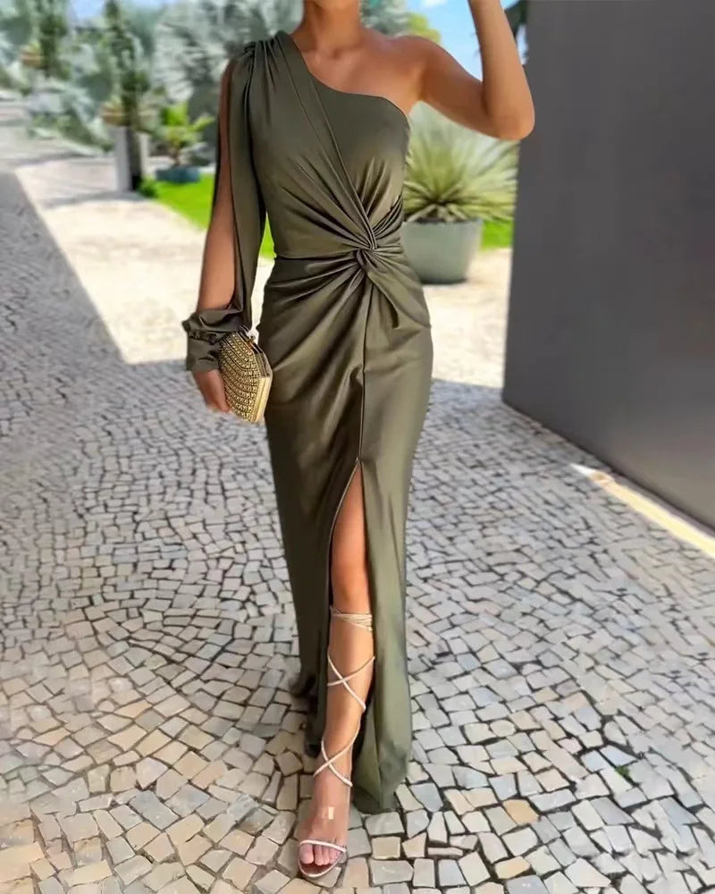 Casual One Shoulder Satin Asymmetrical Ruched Midi Prom Dress