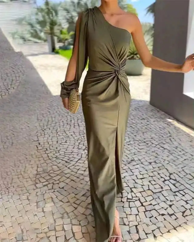 Casual One Shoulder Satin Asymmetrical Ruched Midi Prom Dress