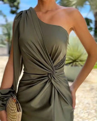 Casual One Shoulder Satin Asymmetrical Ruched Midi Prom Dress