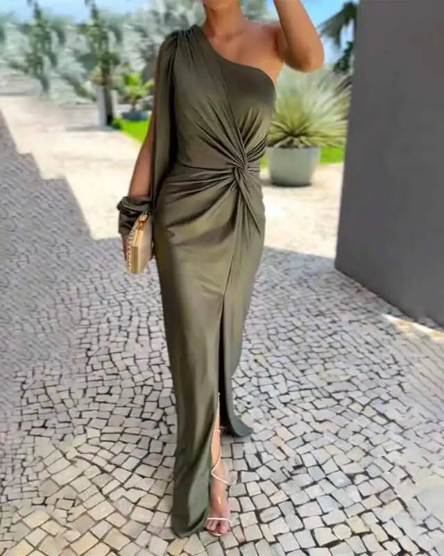 Casual One Shoulder Satin Asymmetrical Ruched Midi Prom Dress