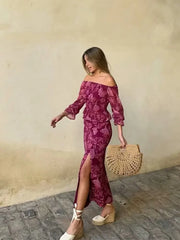 Casual One-Shoulder Slim Long-Sleeved High Straight Slit printed Suit