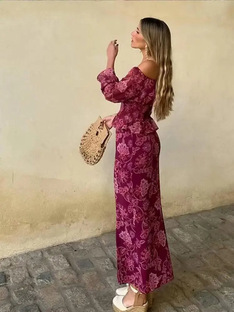 Casual One-Shoulder Slim Long-Sleeved High Straight Slit printed Suit