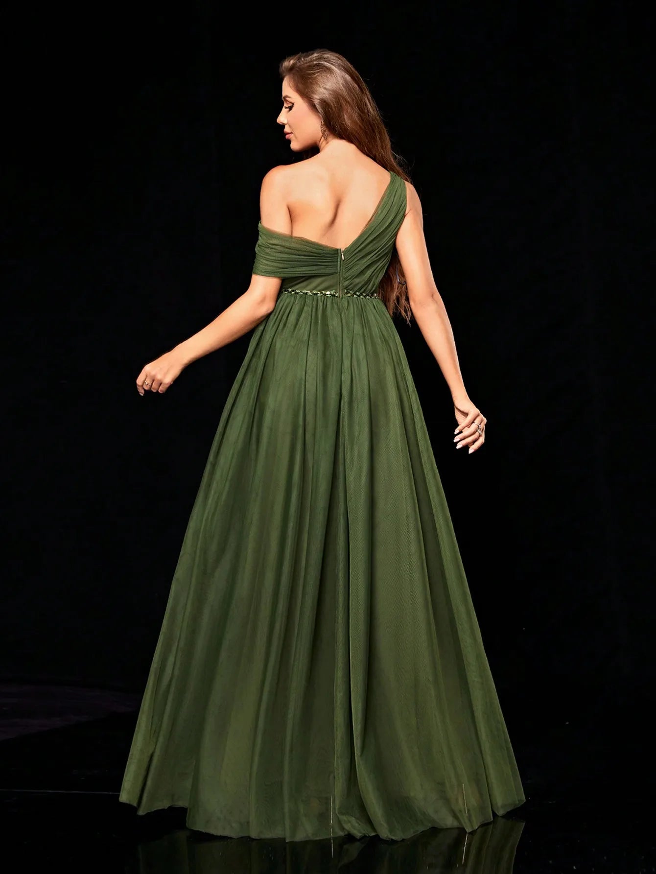 Casual One shoulder Irregular Sequin Belt Mesh Full Skirt Evening Party Ball Bridesmaid Maxi Dress  