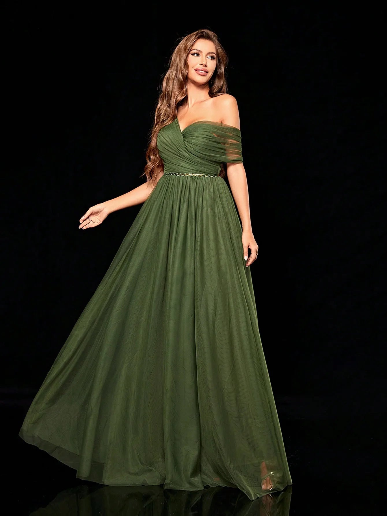 Casual One shoulder Irregular Sequin Belt Mesh Full Skirt Evening Party Ball Bridesmaid Maxi Dress  