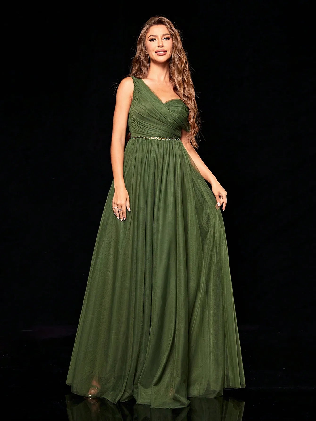Casual One shoulder Irregular Sequin Belt Mesh Full Skirt Evening Party Ball Bridesmaid Maxi Dress  