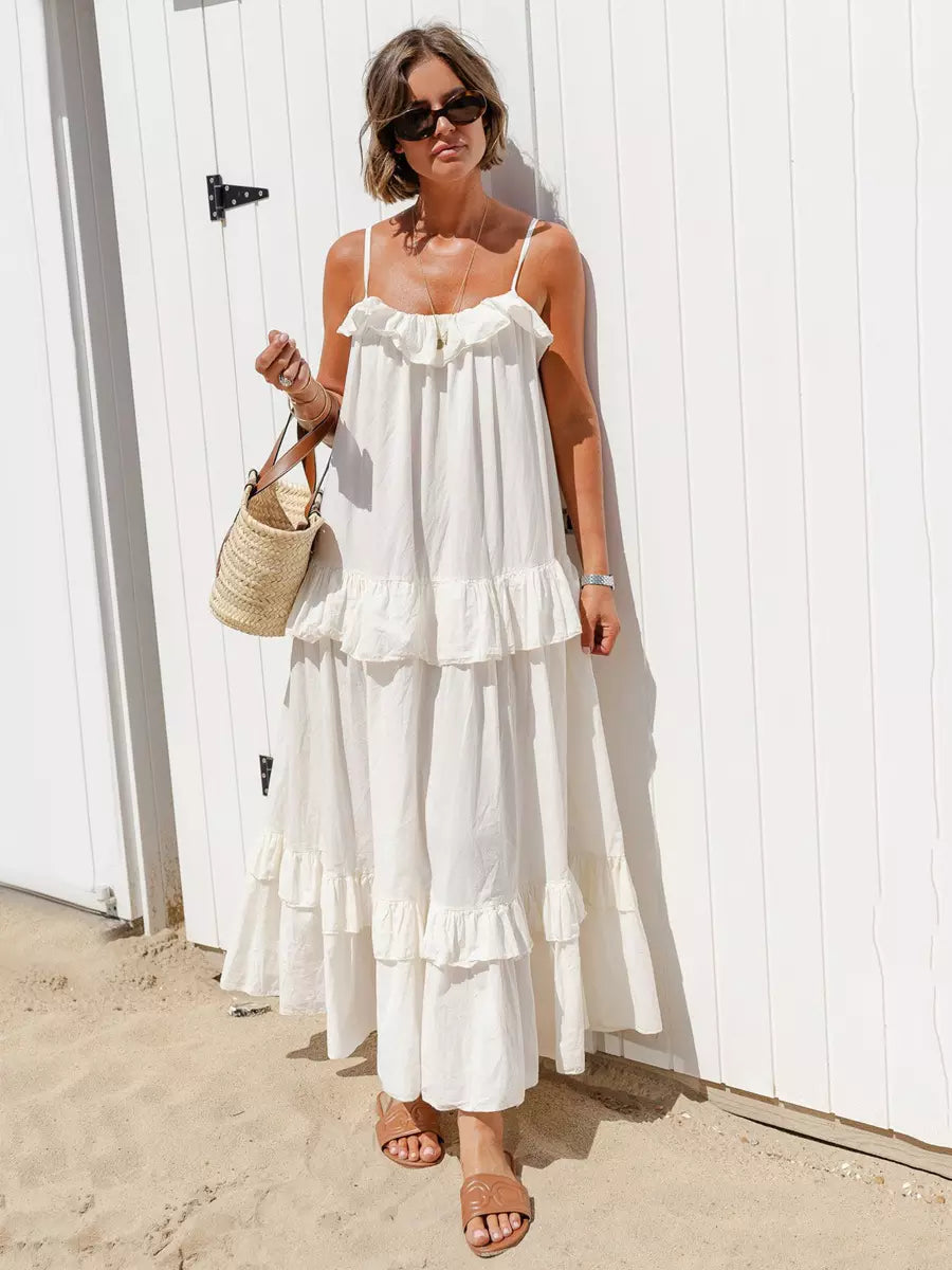 Casual Open Shoulder Ruffled Layered Beach Style Maxi Slip Dress