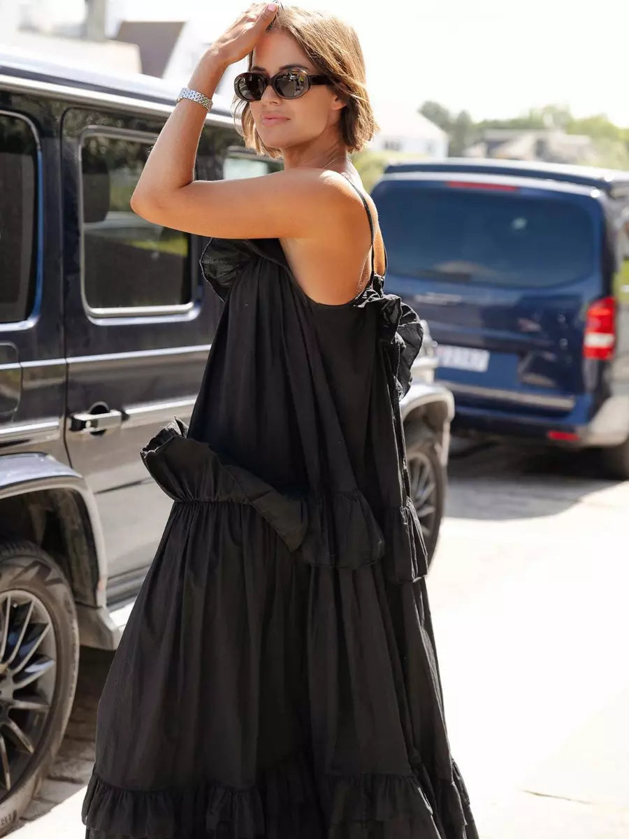 Casual Open Shoulder Ruffled Layered Beach Style Maxi Slip Dress