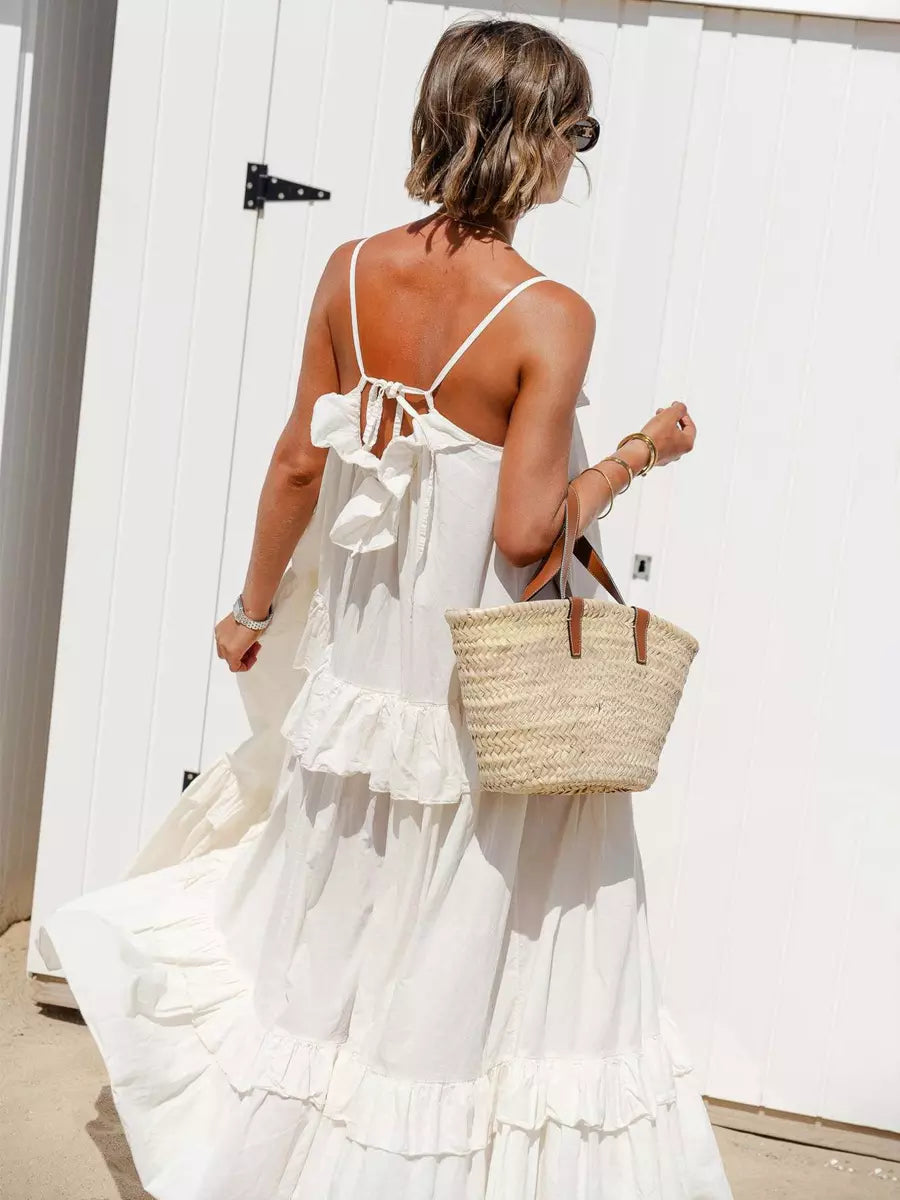 Casual Open Shoulder Ruffled Layered Beach Style Maxi Slip Dress