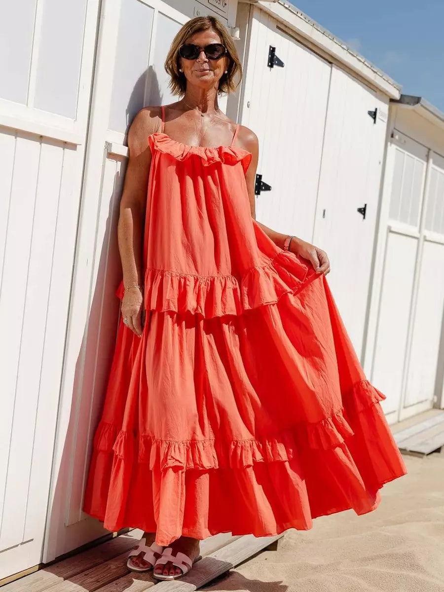 Casual Open Shoulder Ruffled Layered Beach Style Maxi Slip Dress