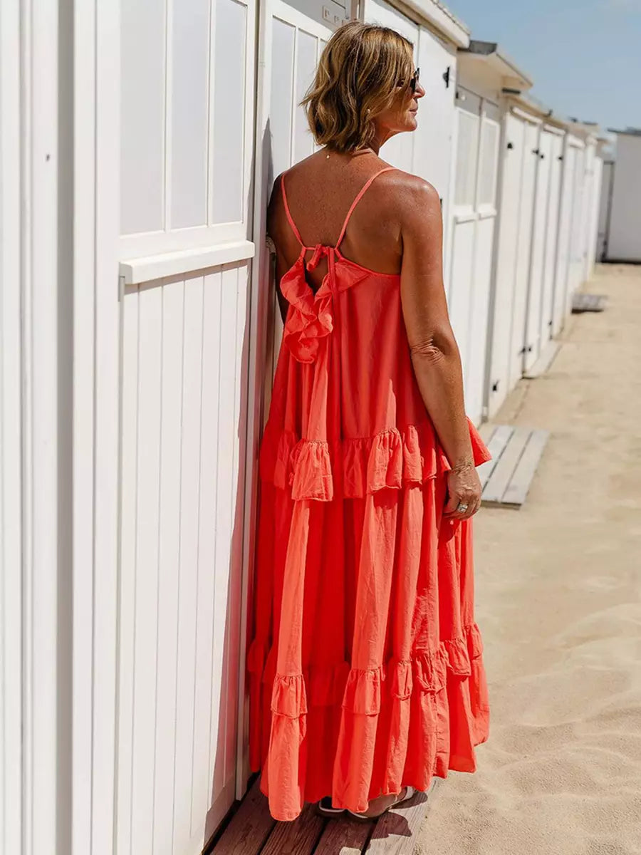 Casual Open Shoulder Ruffled Layered Beach Style Maxi Slip Dress