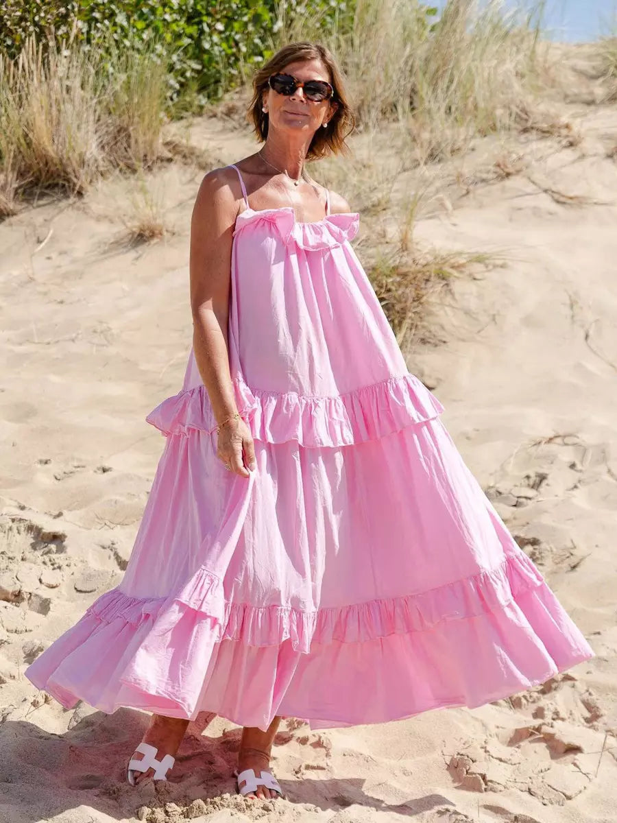Casual Open Shoulder Ruffled Layered Beach Style Maxi Slip Dress