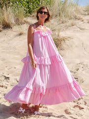 Casual Open Shoulder Ruffled Layered Beach Style Maxi Slip Dress