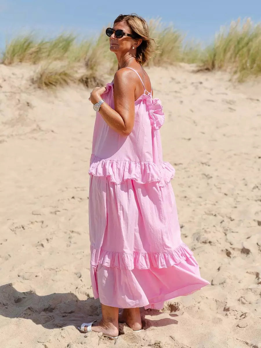 Casual Open Shoulder Ruffled Layered Beach Style Maxi Slip Dress