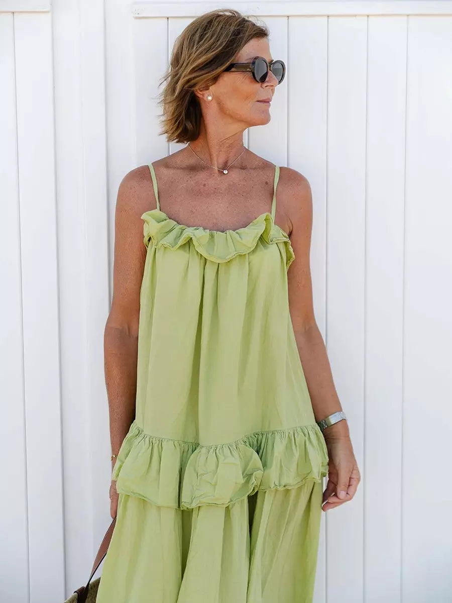 Casual Open Shoulder Ruffled Layered Beach Style Maxi Slip Dress