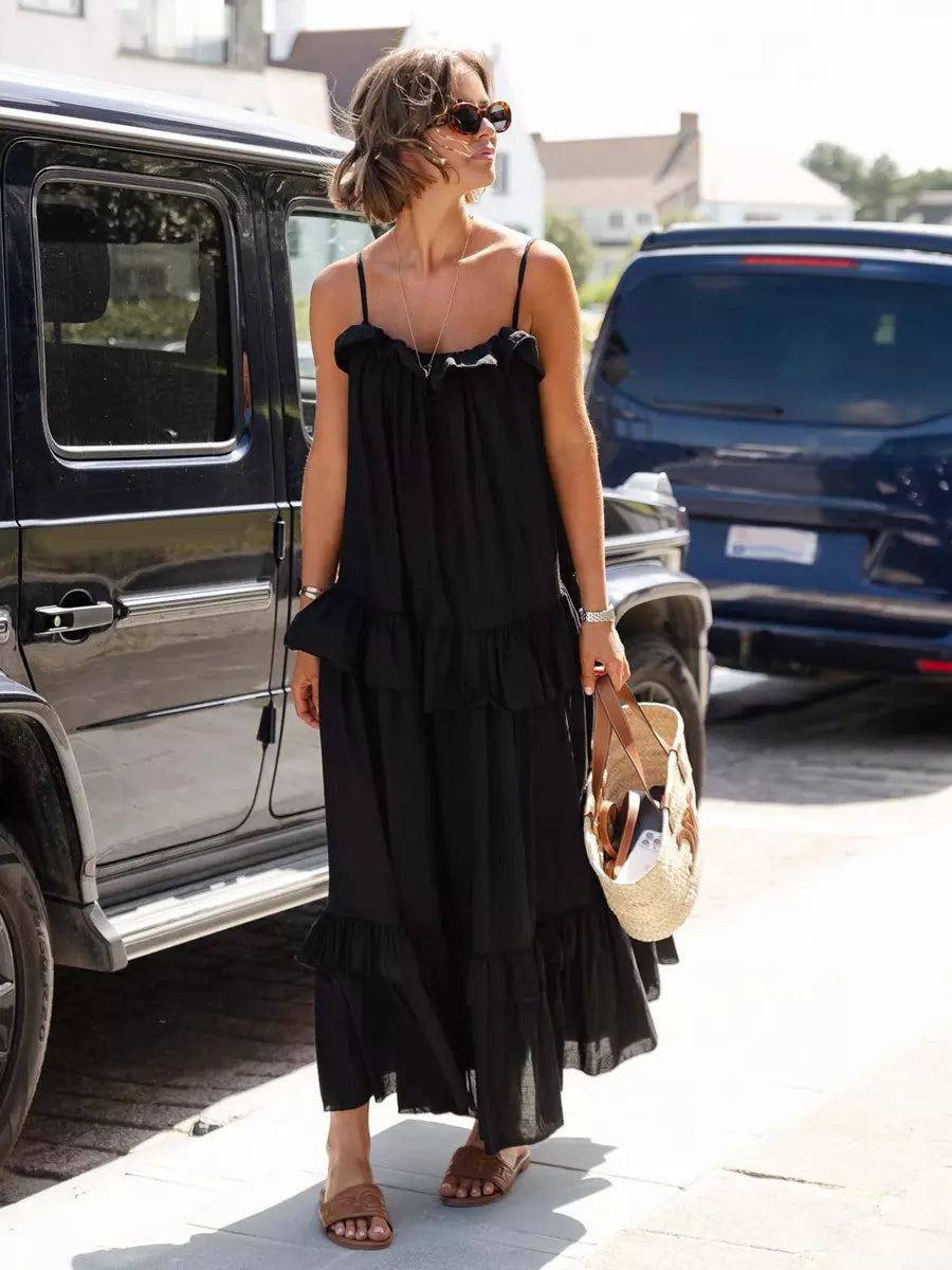 Casual Open Shoulder Ruffled Layered Beach Style Maxi Slip Dress