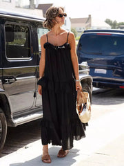 Casual Open Shoulder Ruffled Layered Beach Style Maxi Slip Dress