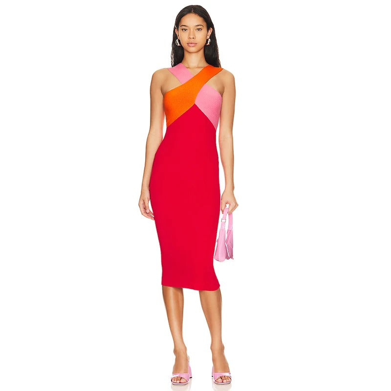 Casual Patchwork Cross Sling Stretch Bandage High Street Midi Dress