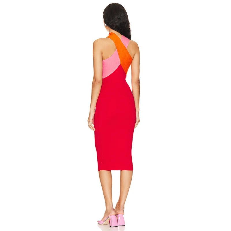 Casual Patchwork Cross Sling Stretch Bandage High Street Midi Dress