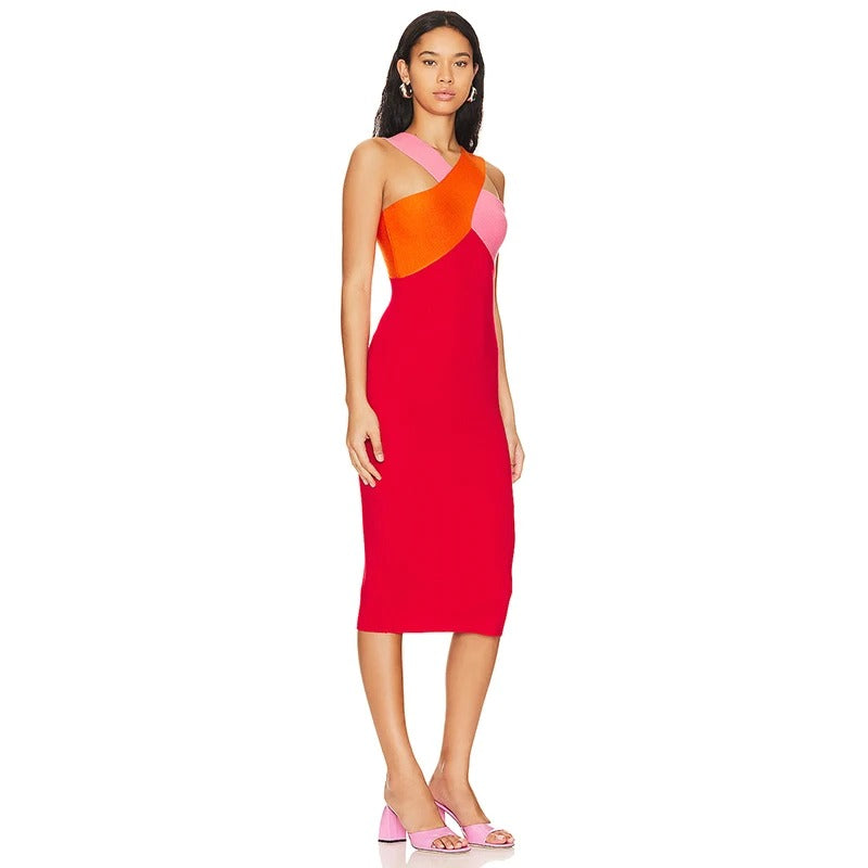 Casual Patchwork Cross Sling Stretch Bandage High Street Midi Dress