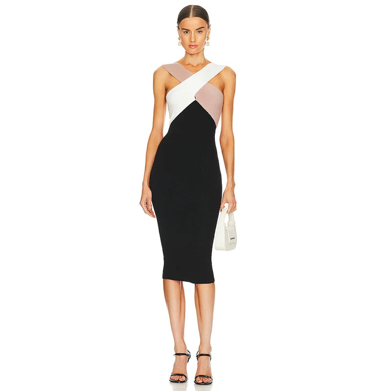 Casual Patchwork Cross Sling Stretch Bandage High Street Midi Dress