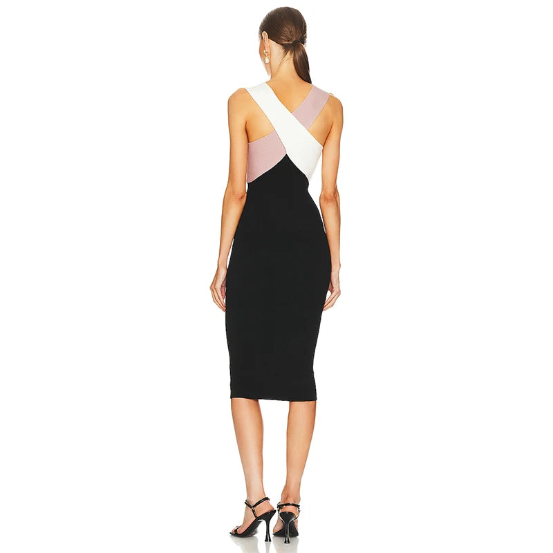 Casual Patchwork Cross Sling Stretch Bandage High Street Midi Dress