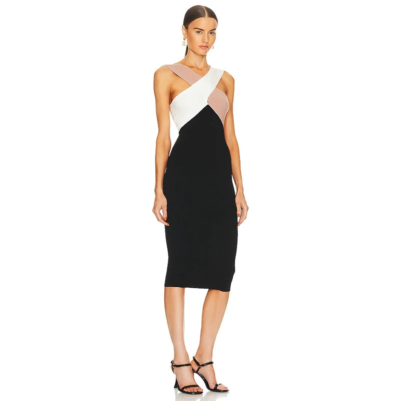Casual Patchwork Cross Sling Stretch Bandage High Street Midi Dress