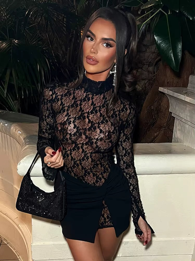 Casual Patchwork Dress+Cross Knot Ruched Slits Skirts See Through Two Piece Set