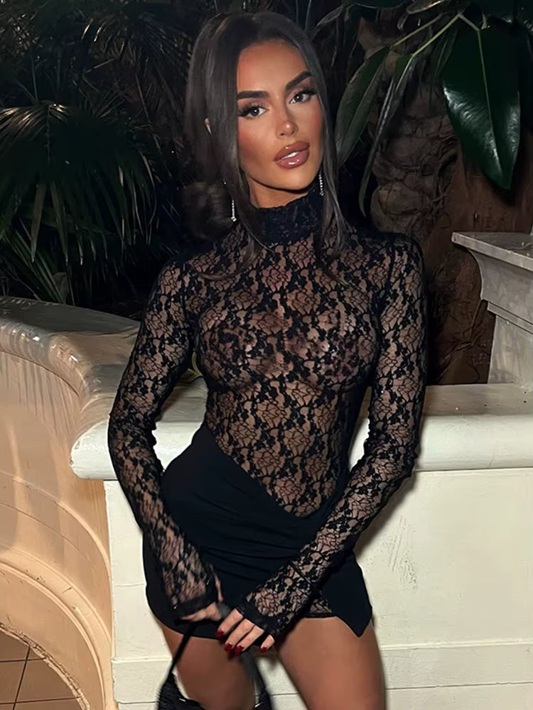 Casual Patchwork Dress+Cross Knot Ruched Slits Skirts See Through Two Piece Set