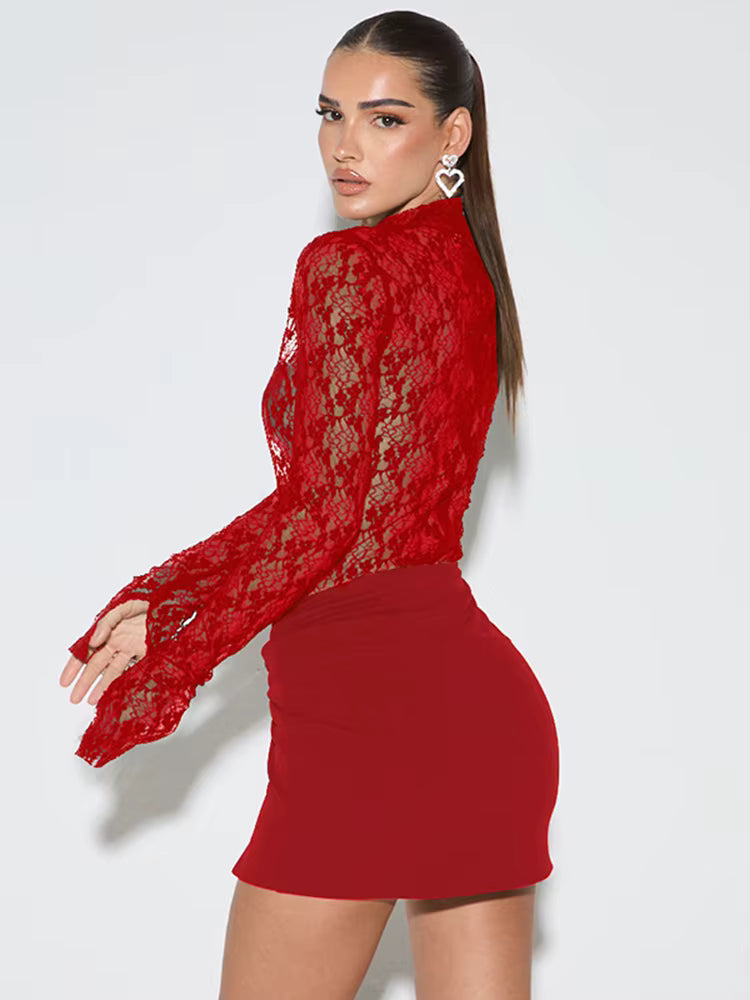 Casual Patchwork Dress+Cross Knot Ruched Slits Skirts See Through Two Piece Set