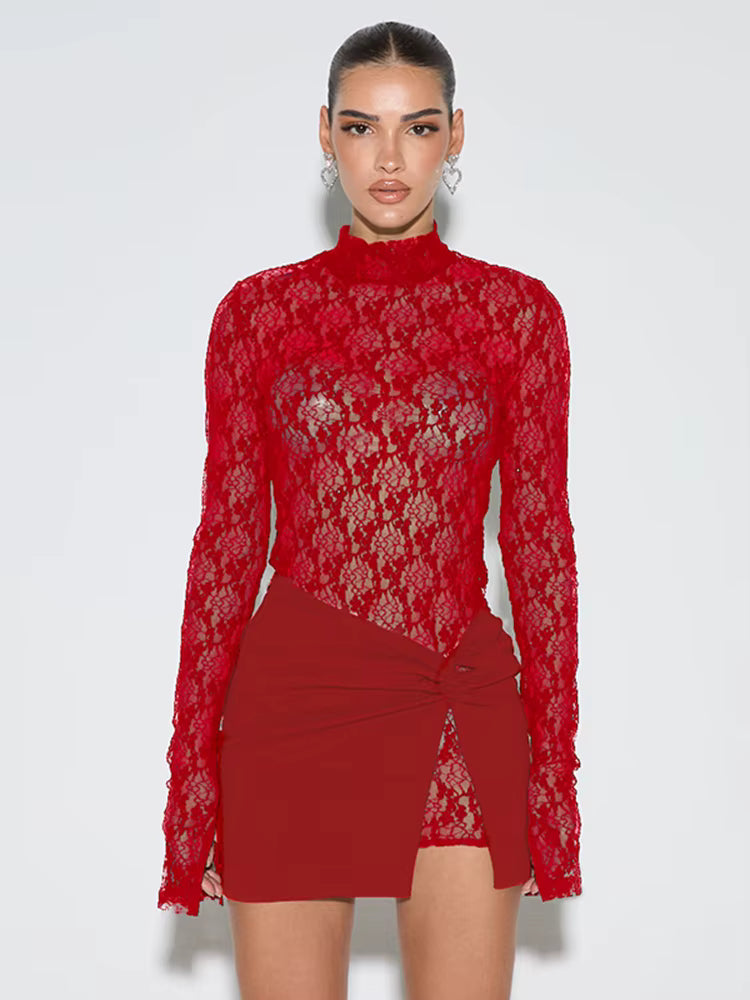 Casual Patchwork Dress+Cross Knot Ruched Slits Skirts See Through Two Piece Set