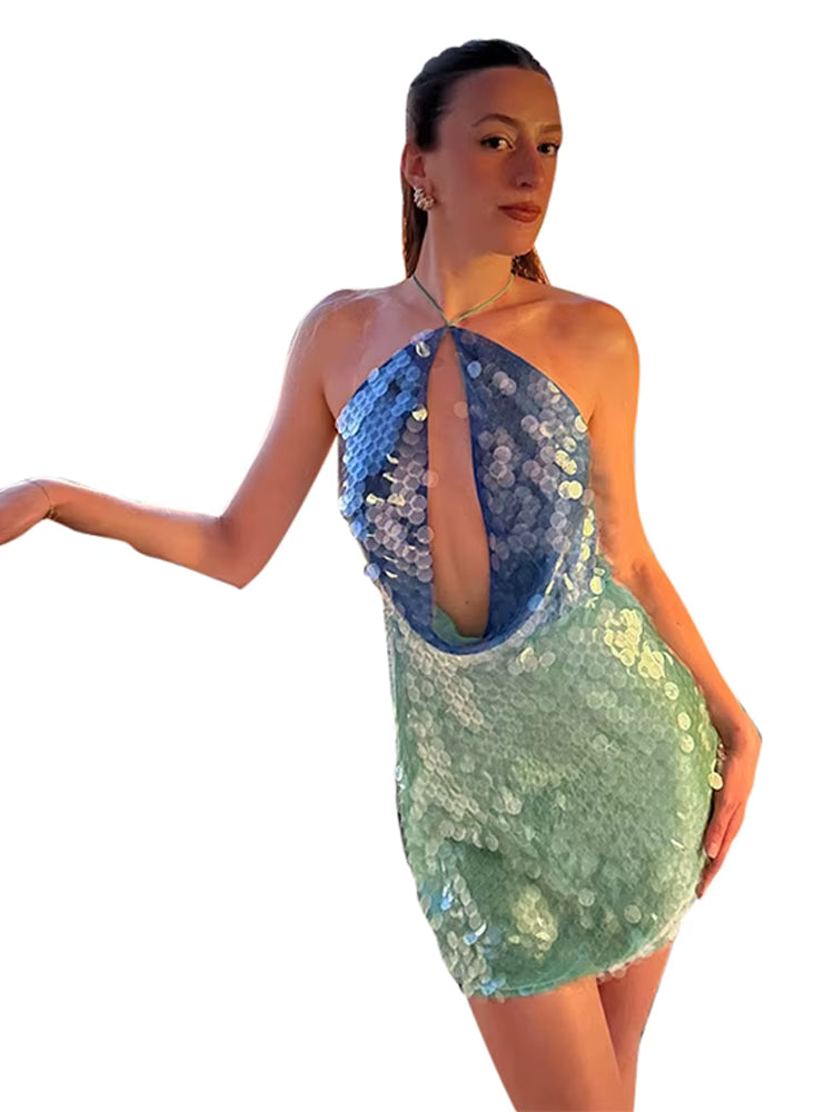 Casual Patchwork Hollow Out Hanging Neck Socialite Halter Sequin Short Dress